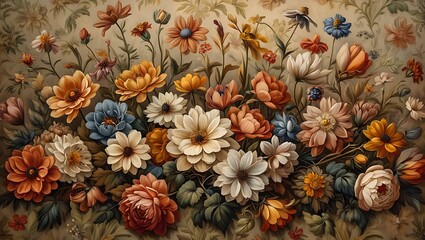 Obraz premium Renaissance Oil Painting of Autumn Flowers Bouquet with Ornate Floral Background and Classical Brushwork