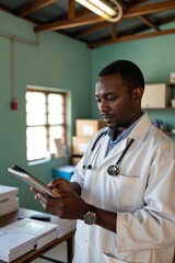 AI-Powered Medical Inventory: African Healthcare Provider, 50s, Manages Supplies Equitably in Remote Clinic Using Advanced AI Technology, Focused Look