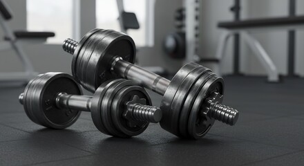Naklejka premium Two Metal Dumbbells Resting on a Gym Floor - Fitness Equipment, Weight Training, Strength, Workout, Exercise