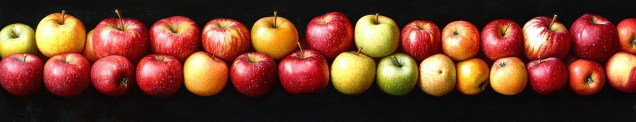 A row of assorted colorful apples including red, green, and yellow varieties arranged in a neat line against a dark background, showcasing natural textures and colors.