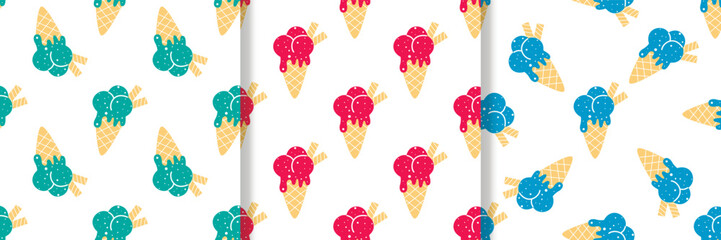 Set of seamless patterns with fruit ice cream. Berry mix ice in waffle cone. Summer print, vector graphic