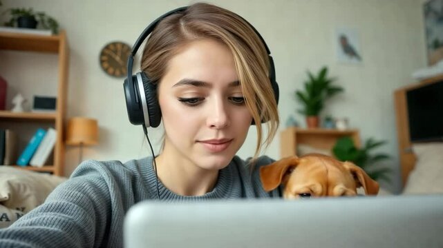 Young woman wearing headphones while working on laptop at home  
