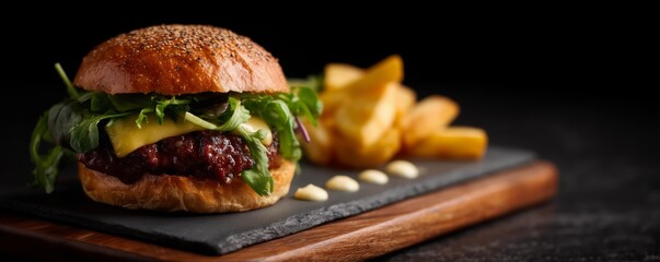 Juicy cheeseburger with lettuce and fries on slate board in close-up