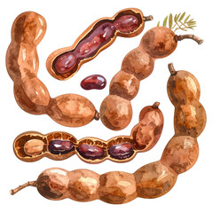 Obraz premium Detailed Watercolor Illustration of Isolated Tamarind Pod Fruits on White Background, showcasing the unique shapes and natural colors of each pod