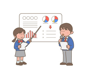 図を使って発表をする男子学生と女子学生	