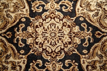 Close-up of ornate patterned carpet with symmetrical floral and scroll designs in shades of beige, brown, and black showing intricate texture and detail