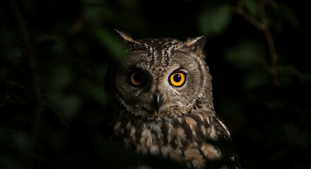 Owl with piercing eyes stares intensely