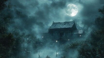 Misty night, ancient temple
