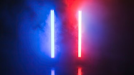 A vibrant, abstract digital artwork showcasing a split scene with electric blue on the left and fiery red on the right.