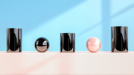 Black Cylinders and Spheres on Pastel Background