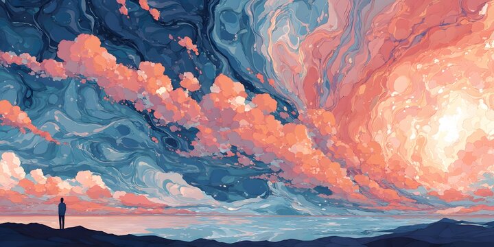 Solitude Under a Sky of Dreams: A solitary figure stands on a cliff overlooking a surreal, abstract seascape, enveloped in a vibrant sunset sky of swirling, dreamlike clouds.