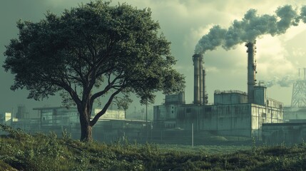 A vibrant green tree stands alone on a lush grassy field, juxtaposed against a large industrial factory emitting thick smoke into the sky.
