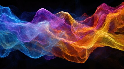 A vibrant abstract composition featuring swirling wisps of smoke in hues of blue and red, set against a deep black background.