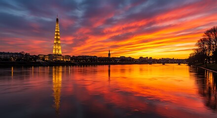 Fototapeta premium Sunset city river reflection