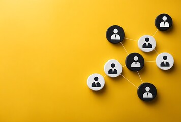 Organizational network structure with connected business icons on yellow background symbolizing team management and communication