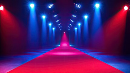 A brightly lit runway with a red carpet leading toward a bright light source at the end.