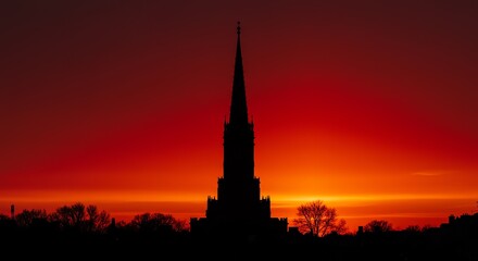 Sunset silhouette of church spire