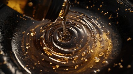 A mesmerizing 3D render of a bottle of oil being poured into a glass on a dark background,