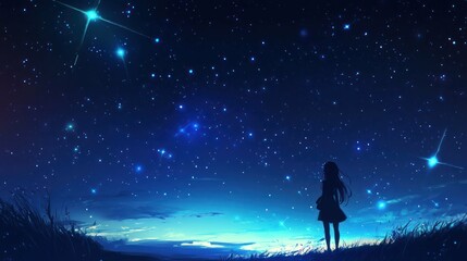 Fototapeta premium Girl gazes at magical stars. Serene and dreamy nightscape.