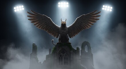 Obraz premium Majestic Gryphon Statue Perched Atop Ancient Ruins Illuminated by Stadium Lights