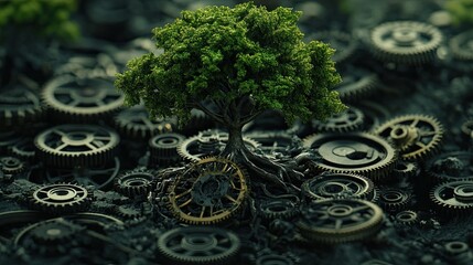 A small, lush green tree grows from a pair of interlocking wooden gears,