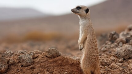 Fototapeta premium A curious meerkat stands poised on a sandy mound, attentively surveying its expansive desert surroundings with delicate grace.