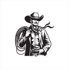 Cowboy with Lasso Standing Pose &ndash; Western Black and White Line Art