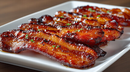 Thick Cut Candied Bacon With Fresh Herbs On Plate