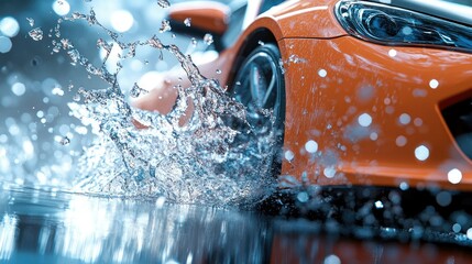 A sleek blue car emerges from water,
