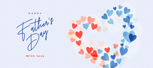 Happy Fathers Day greeting banner with big heart made of blue and red hearts with overlay effect. Father's Day Design template for card, sticker, poster, tag, label, social media