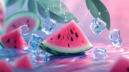 A vibrant slice of watermelon surrounded by splashes of water and ice cubes,