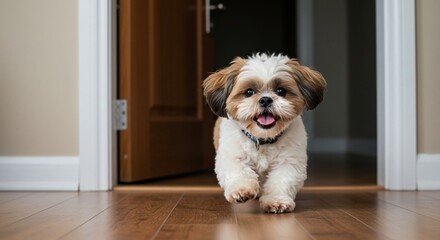 Playful pup trots through doorway joyful