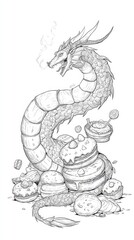 Intricate sketch of a dragon surrounded by pastries.
