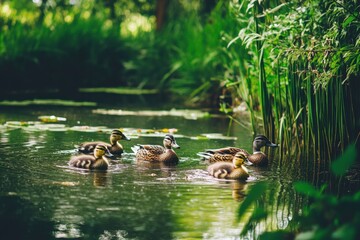 Group of ducks enjoying tropical pond