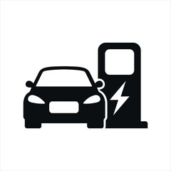 Electric car with charge station flat vector icon