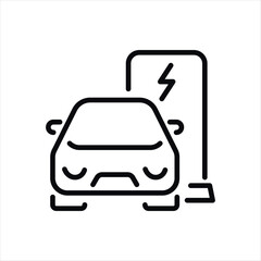 Electric car with charge station outline vector icon