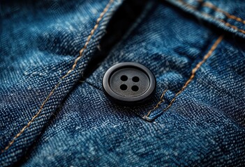 a close-up view of a dark denim garment with a four-hole black button and contrasting orange stitching.
