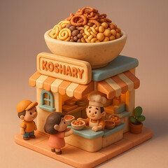 Cute Clay Style Koshary Food Stall with Bowl and Characters in Miniature Scene
