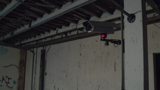 Cam&eacute;ra de surveillance dans un b&acirc;timent urbain abandonn&eacute;


