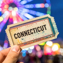 Connecticut carnival ticket held by caucasian adult male against blurred ferris wheel lights