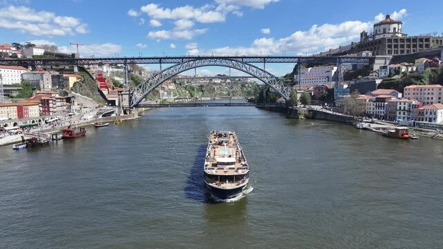 Cruise Ship At Porto In District Of Porto Portugal. Coastal City. Luis I Bridge Landscape. Boat Sailing. Cruise Ship In Portugal. Portugal Skyline. Travel Landscape.