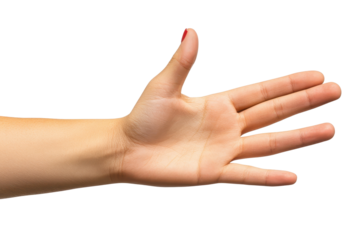 Hand of woman raised to signal stop shown in transparent PNG format against white background