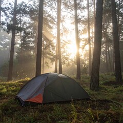 Sunlit forest camping with tent at dawn among tall pine trees