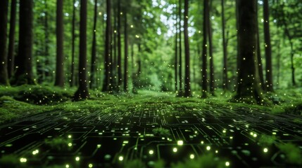 Luminous Green Forest With Glowing Circuit Board Path