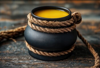 a dark ceramic cauldron wrapped with thick rope holds a golden liquid on a weathered wooden surface.
