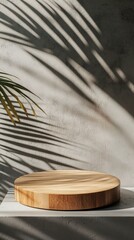 Wooden Display Platform with Palm Leaf Shadows