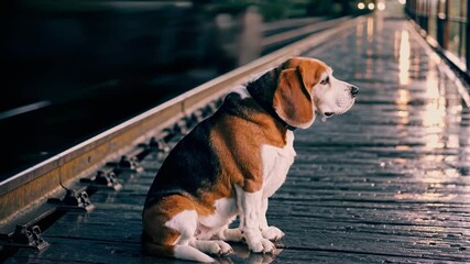 Beagle sitting alone near train tracks with soft light and empty platform reflecting mood of anticipation separation melancholy longing
