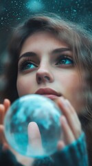 Naklejka premium Woman gazing into a crystal ball with a dreamy expression.