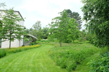 a grassy area with a house in the background
