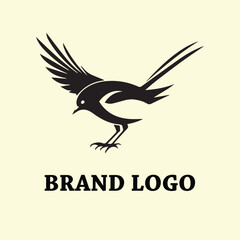 Black silhouette of a stylized bird in flight against a light beige background. Simple, bold graphic design for a brand logo.